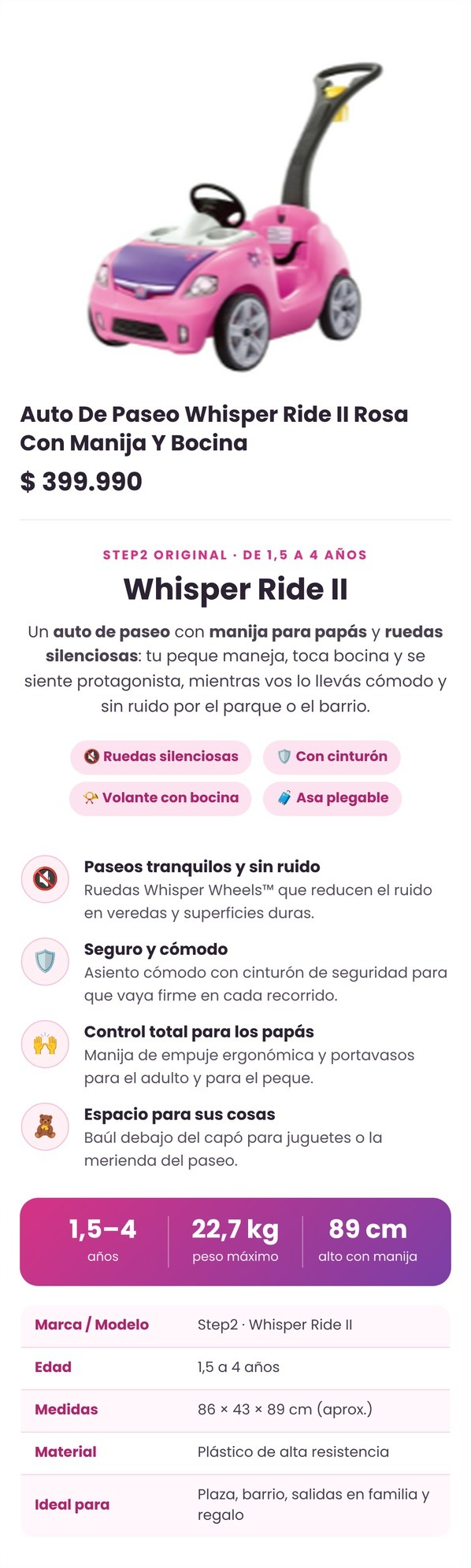 Página de producto de una pañalera después de la optimización, con formato enriquecido